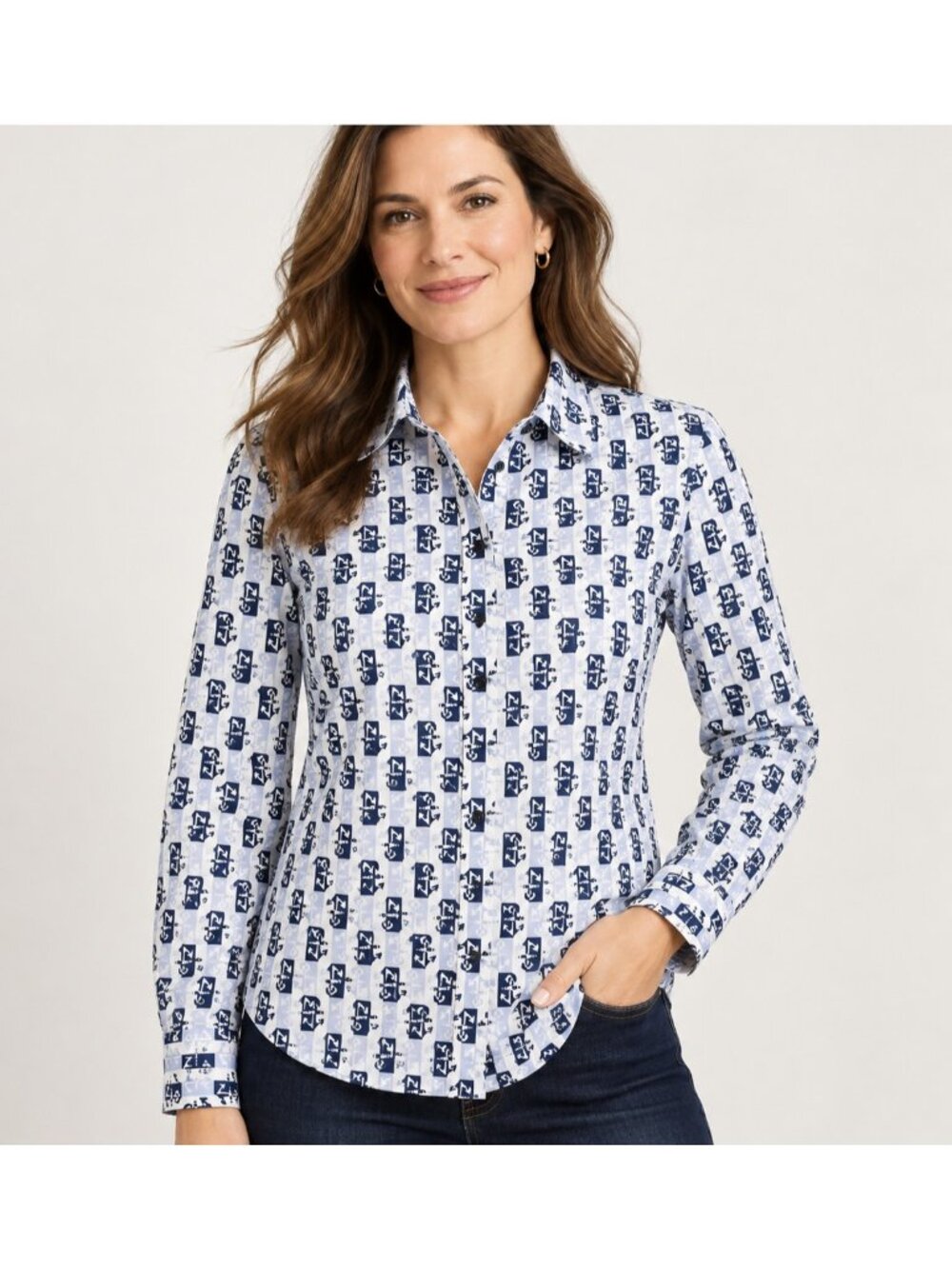Talbots Womens No Iron Shirt Anchor Print Blue Long Sleeve Cotton Stretch Size 8